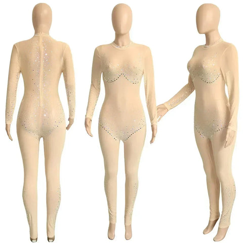 Union Square Fashion Sexy Mesh Perspective Hot Drill Long Sleeve Jumpsuit