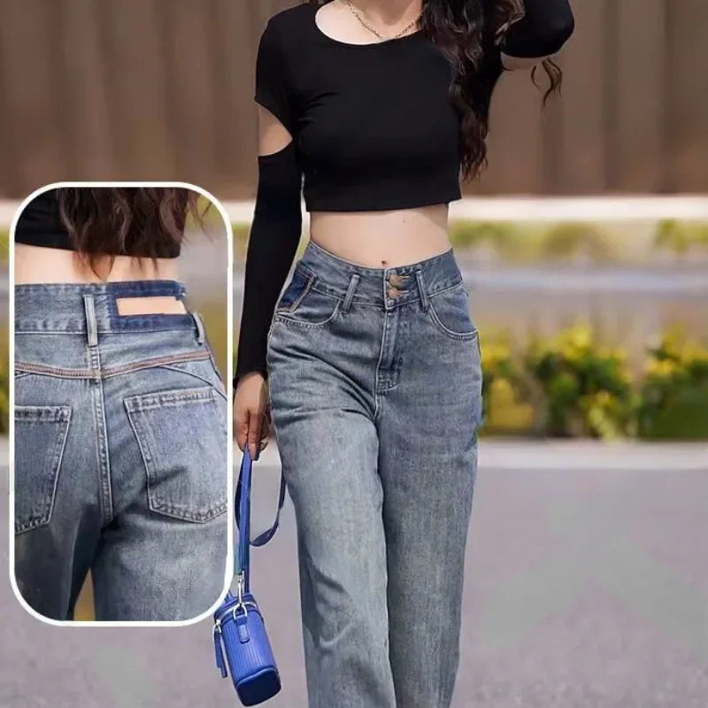 Womens Jeans High Waist Shot Blue Trousers with Pockets Pants for Women Straight Leg