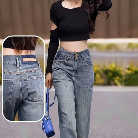 Womens Jeans High Waist Shot Blue Trousers with Pockets Pants for Women Straight Leg