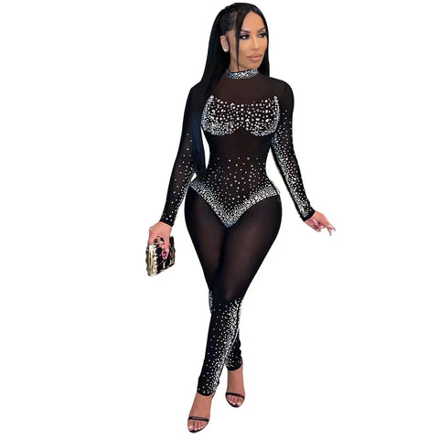 Union Square Fashion Sexy Mesh Perspective Hot Drill Long Sleeve Jumpsuit