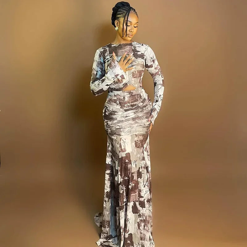 Quintana Roo Printed Ruched Long Sleeve Cutout Maxi Long Dress