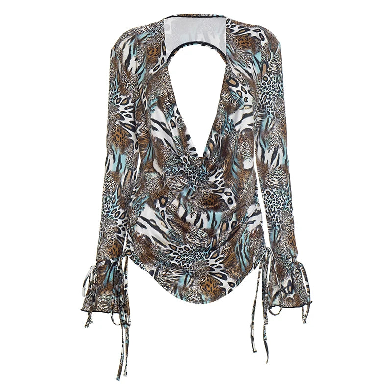 Chinatown Swing Collar Shirring Bell Sleeve Backless Sexy Stretch Leopard Print Suit