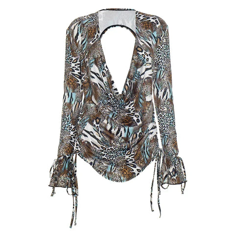 Chinatown Swing Collar Shirring Bell Sleeve Backless Sexy Stretch Leopard Print Suit