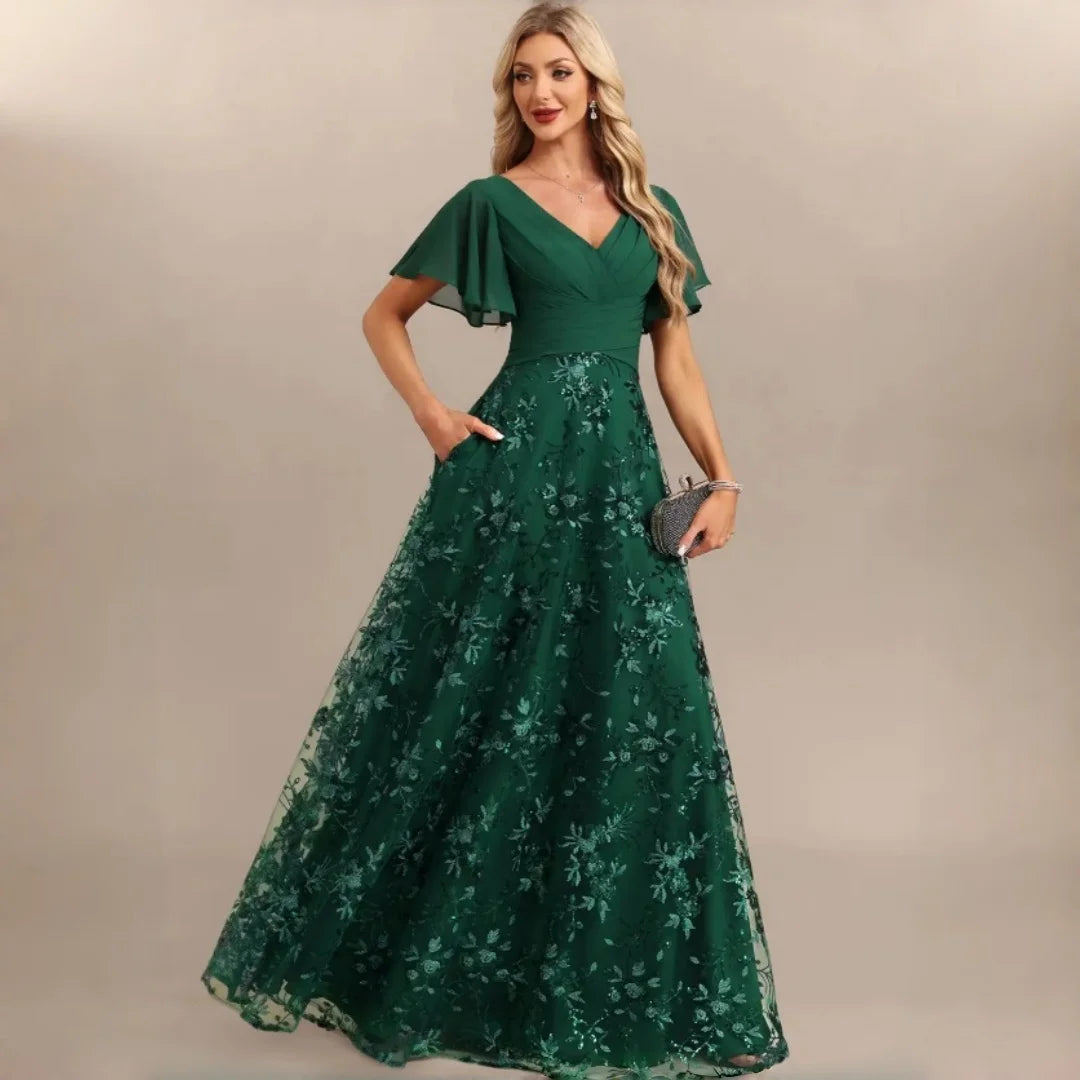Neiba Dark Green V Neck Chiffon Flutter Sleeve Bridesmaid Ruched Waist Floral Sequin Dress