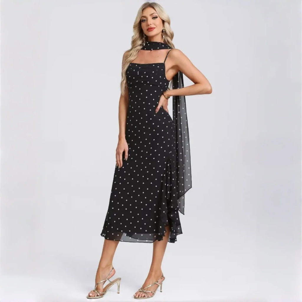 Bridgeport Polka Dot Chiffon Spaghetti Strap Square Neck Mermaid Ruffle Hem Dress