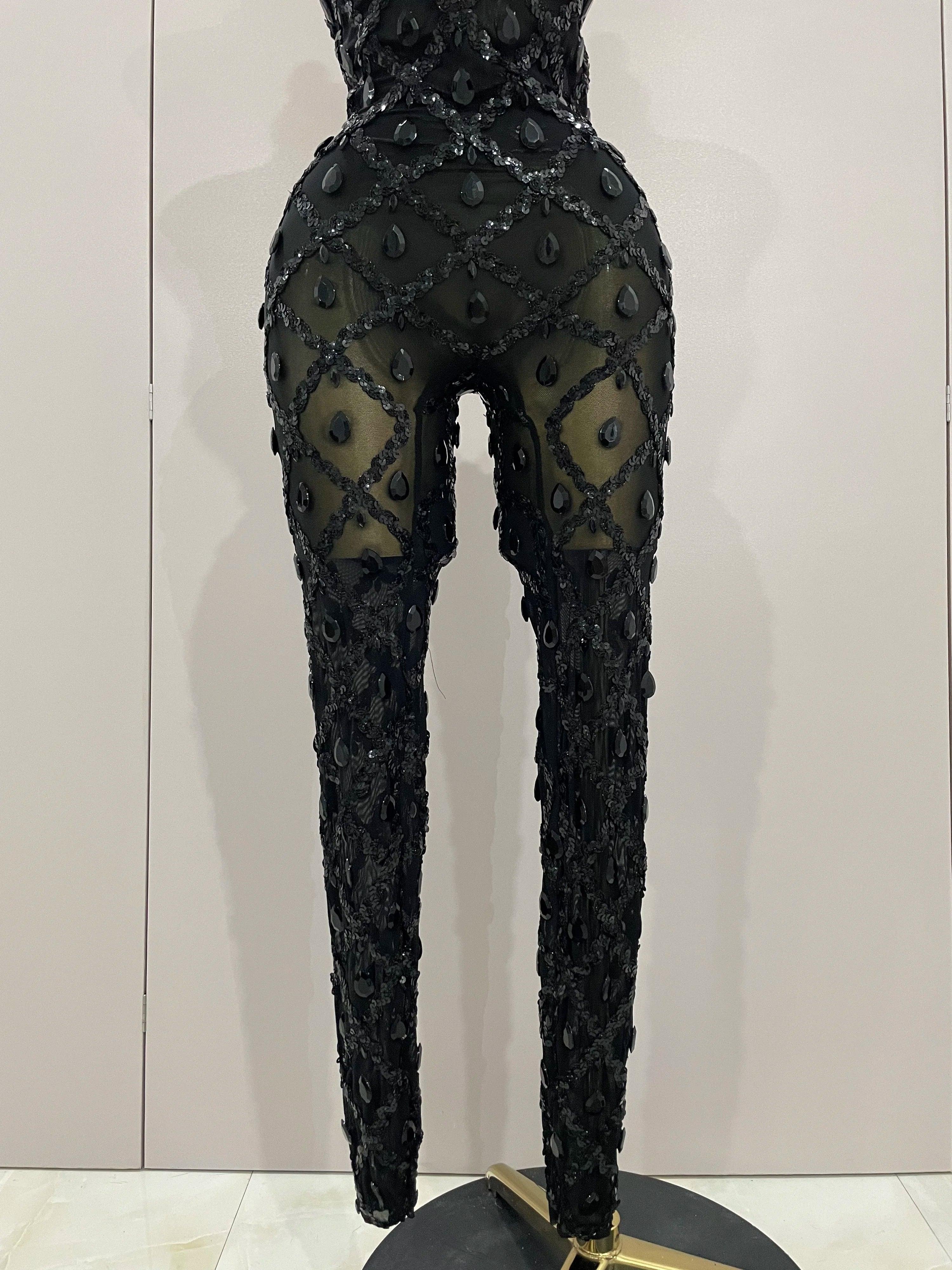 Scranton Sparkly Black Diamond Mesh See THhrough Jumpsuit