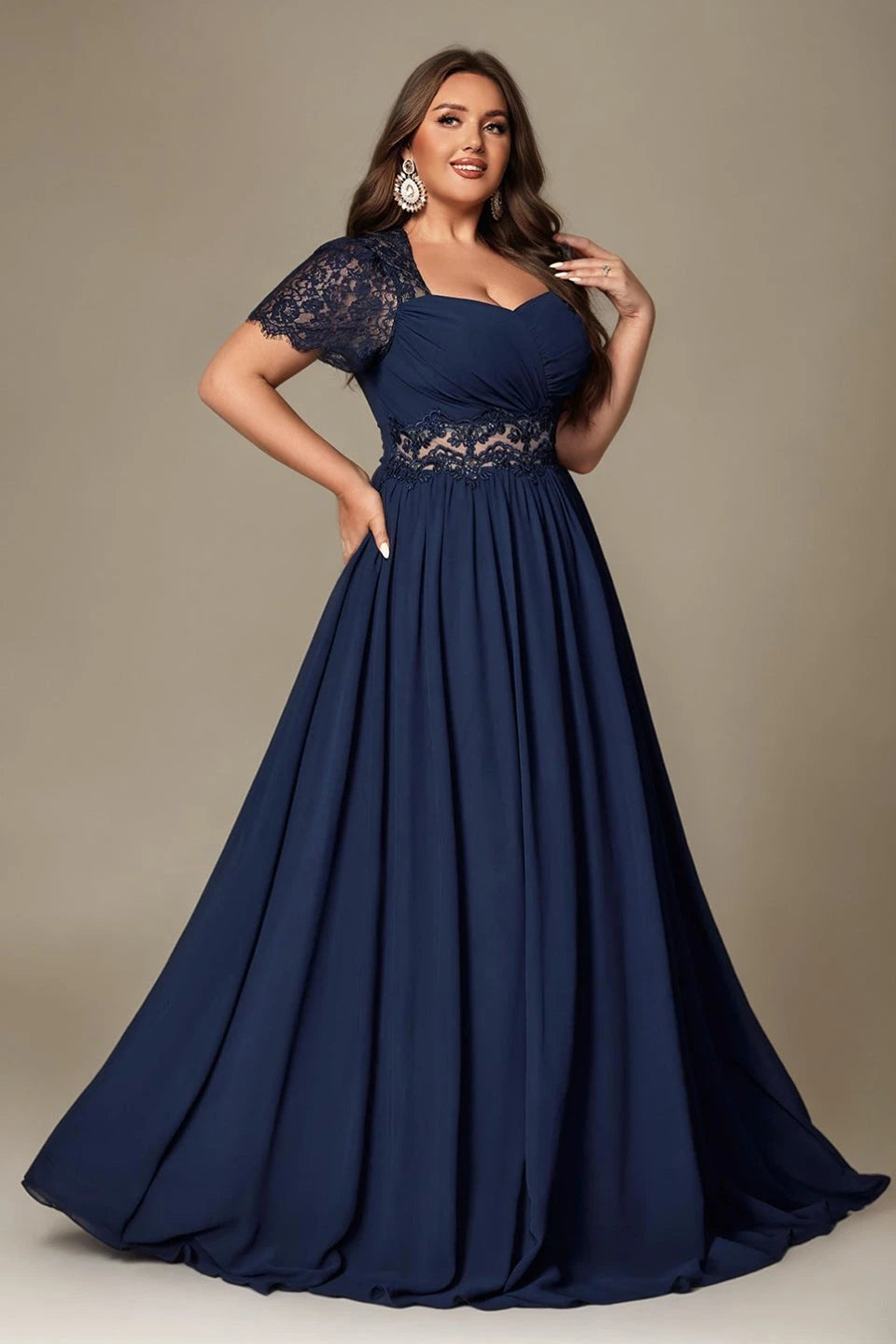 Paterson Plus Size A Line Lace Short Sleeved Formal Evening Gown Sheer High-Waisted Maxi Dress