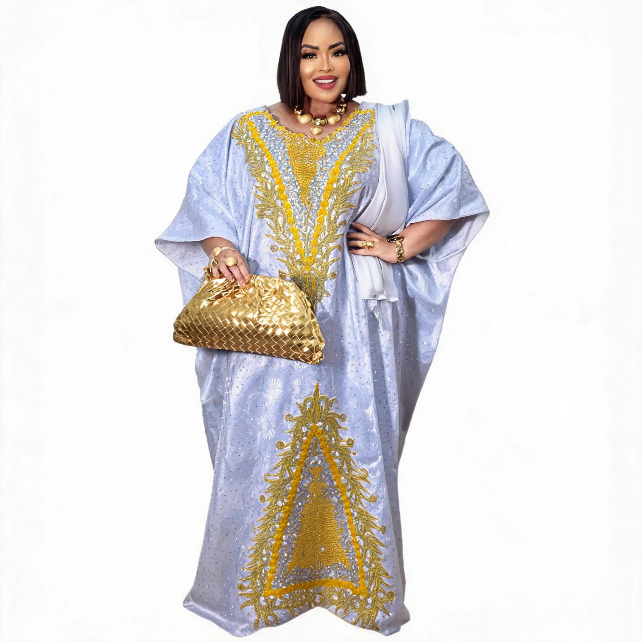 Long Branch Plus Size Bazin Riche Embroidery Design Long Dress With Scarf