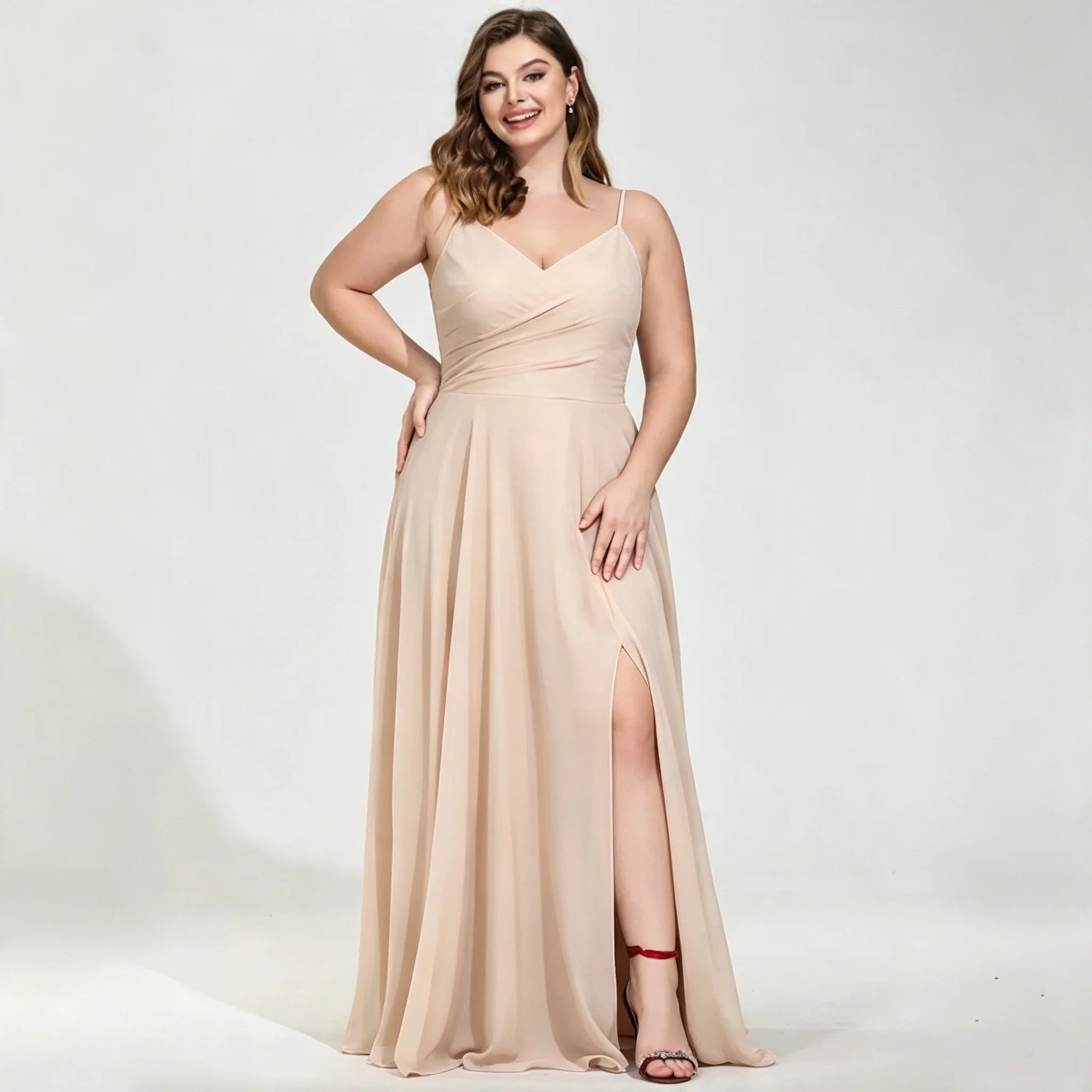 New York Plus Size Burgundy Chiffon Bridesmaid Spaghetti Strap Surplice V Neck Ruched Dress