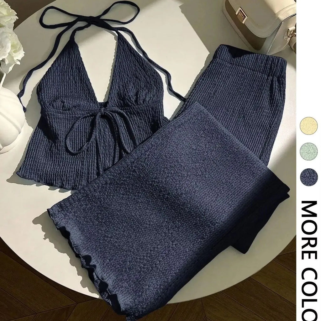 Rita Textured Neckline Deep V-Neck Two Piece Sets