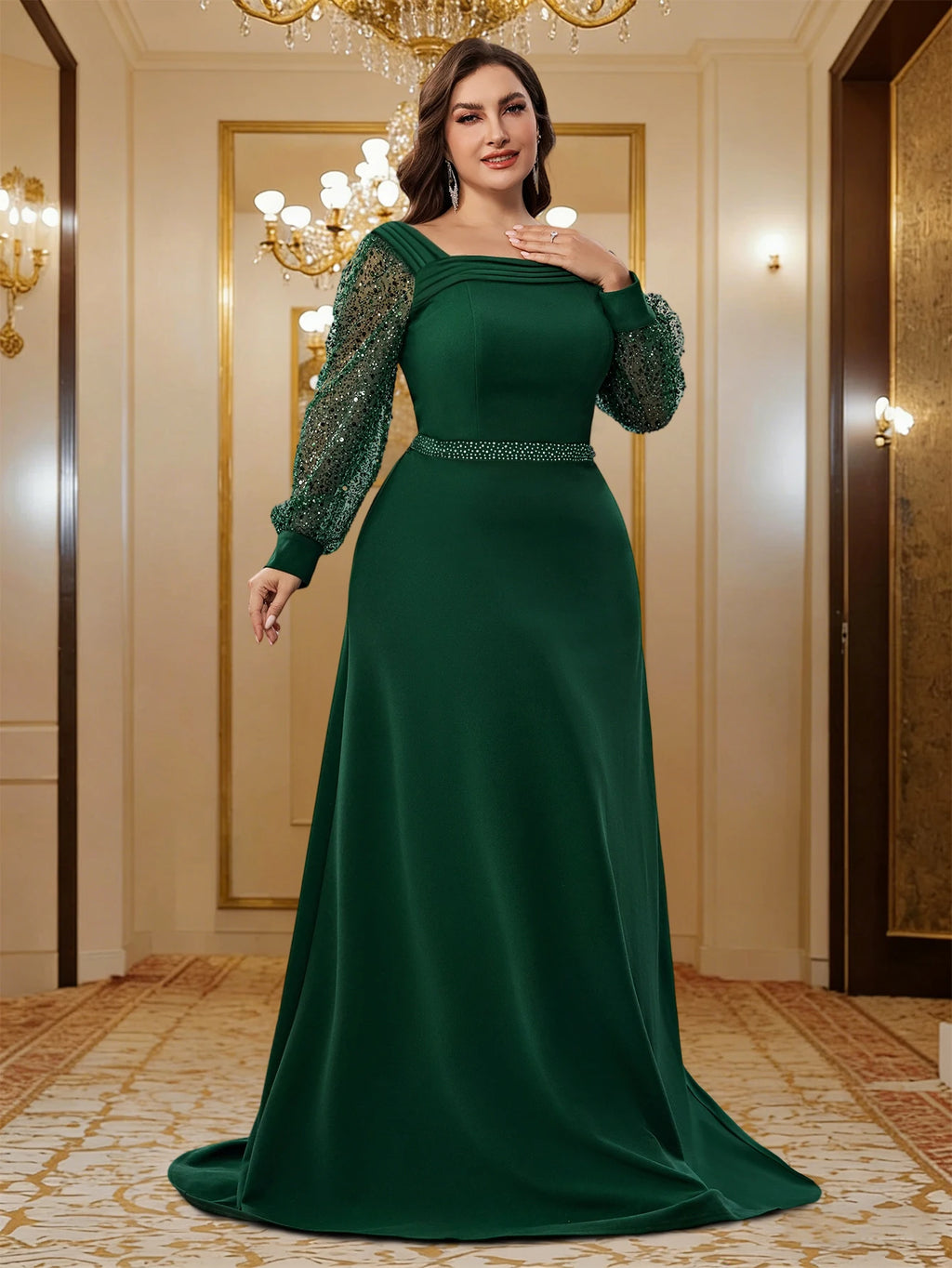 Santurce Plus Size Green Luxury Long Sleeves Formal Evening Dress