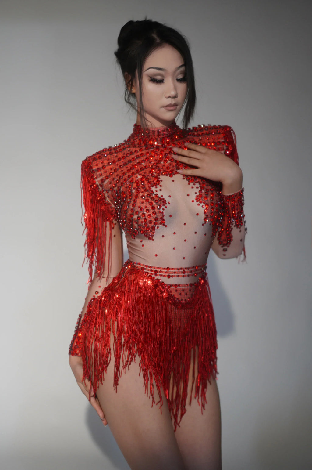 Chambersburg Sparkly Rhinestone Sequin Tassel Stretch Jumpsuit