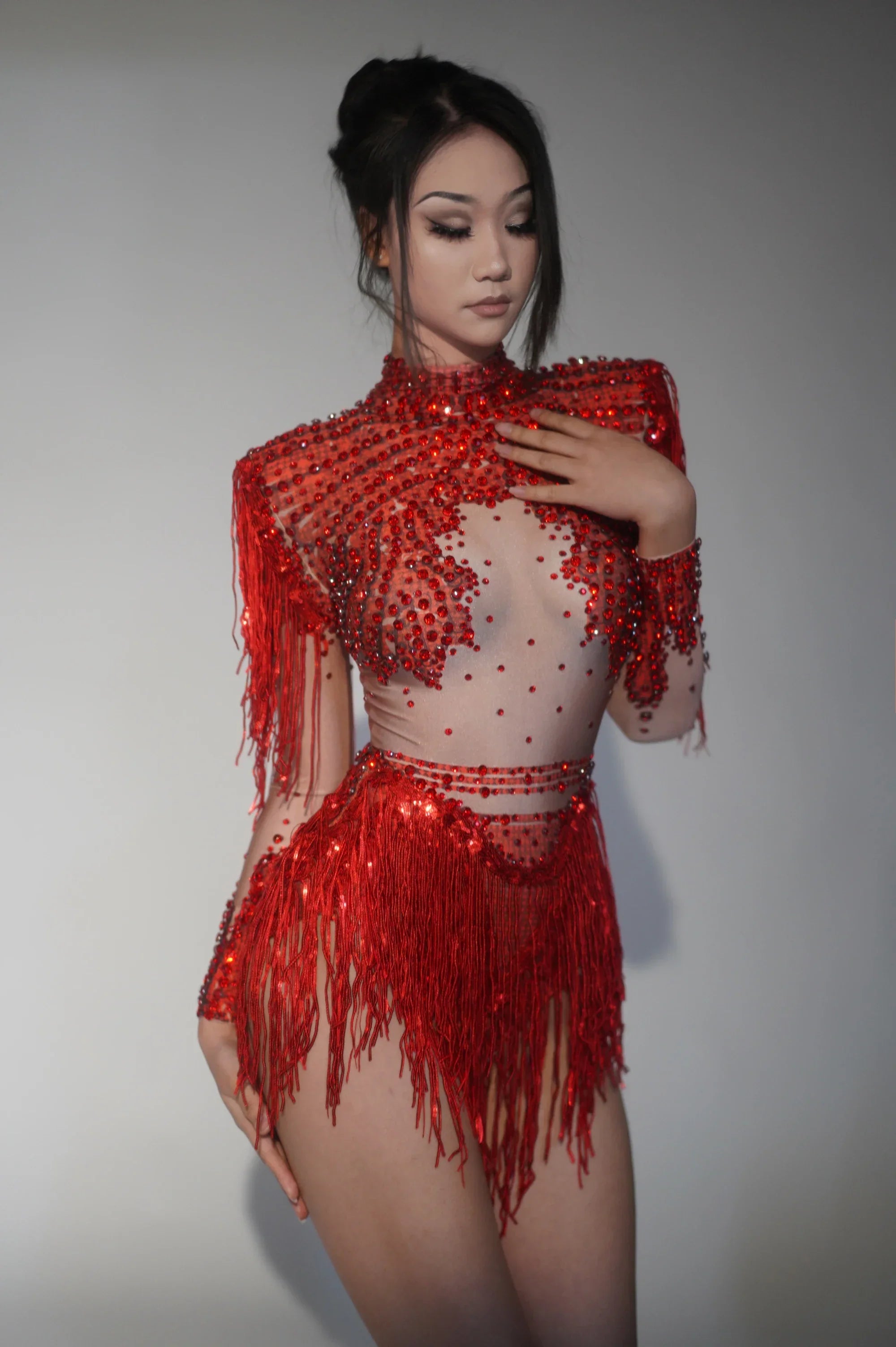 Chambersburg Sparkly Rhinestone Sequin Tassel Stretch Jumpsuit