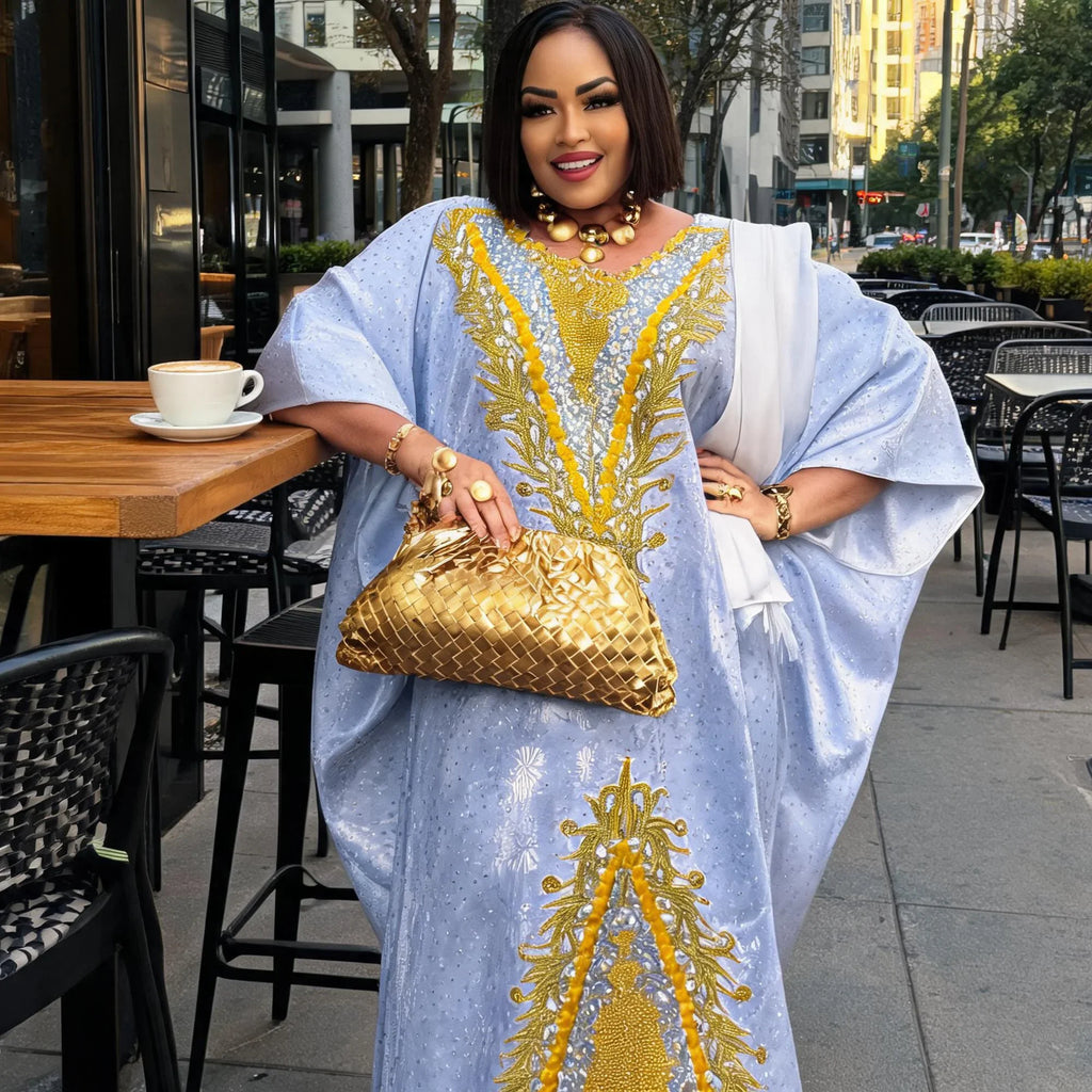 Long Branch Plus Size Bazin Riche Embroidery Design Long Dress With Scarf
