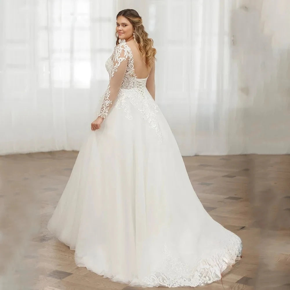 Plus Size V Neck Wedding Long Sleeves Appliques Back Lace Up Tulle Bride Gowns
