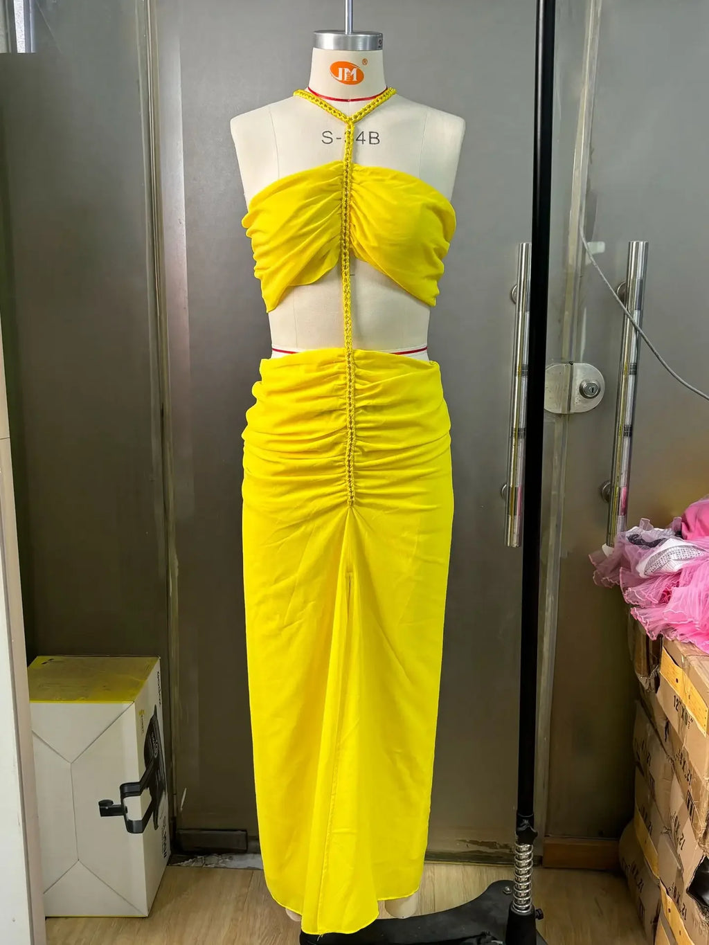 Grand Remous Irregular Low Waist Slit Sleeveless Hanging Neck Chain Chiffon Dress