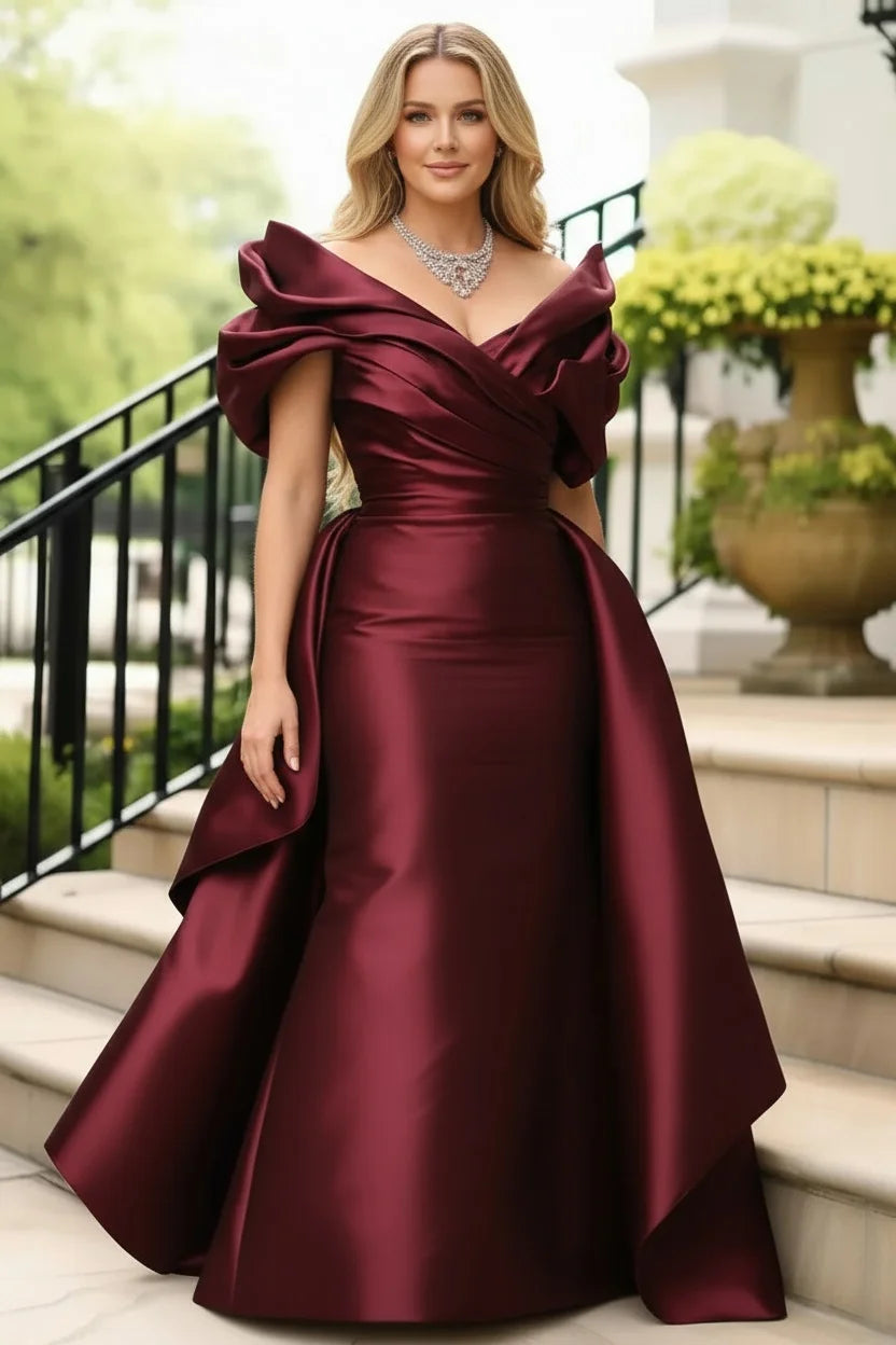 Morristown Plus Size Satin Evening Off Shoulder Puff Sleeve Solid Color Maxi Dress