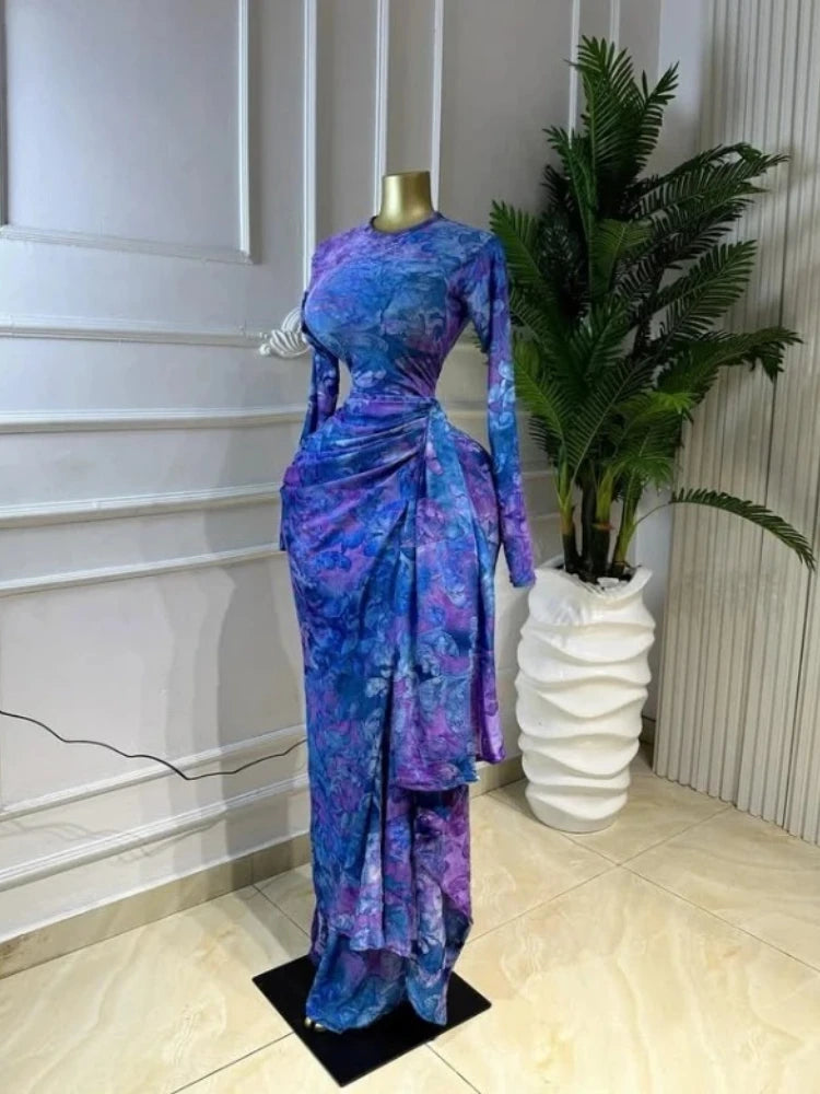 Print O-neck Ruched Ribbon Bodycon Long Dress