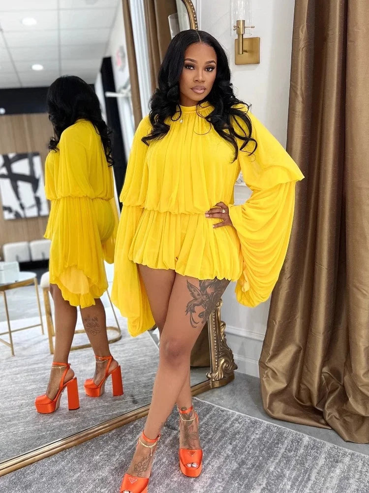 Ana Solid Ruffled Shorts Lantern Sleeves Two Piece Sets