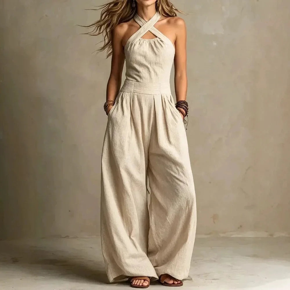2026 Summer Jumpsuit Solid Color Hanging Neck Elegant Casual Versatile Simple Fashion Comfortable Daily Style Wide Leg Jumpsuit