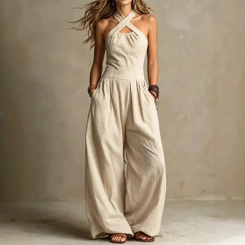 2026 Summer Jumpsuit Solid Color Hanging Neck Elegant Casual Versatile Simple Fashion Comfortable Daily Style Wide Leg Jumpsuit