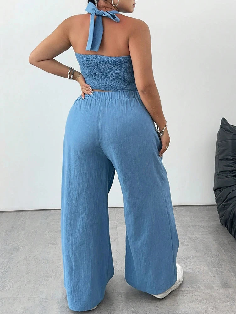 Pamela Plus Size Tie Neck and Casual Two Piece Sets