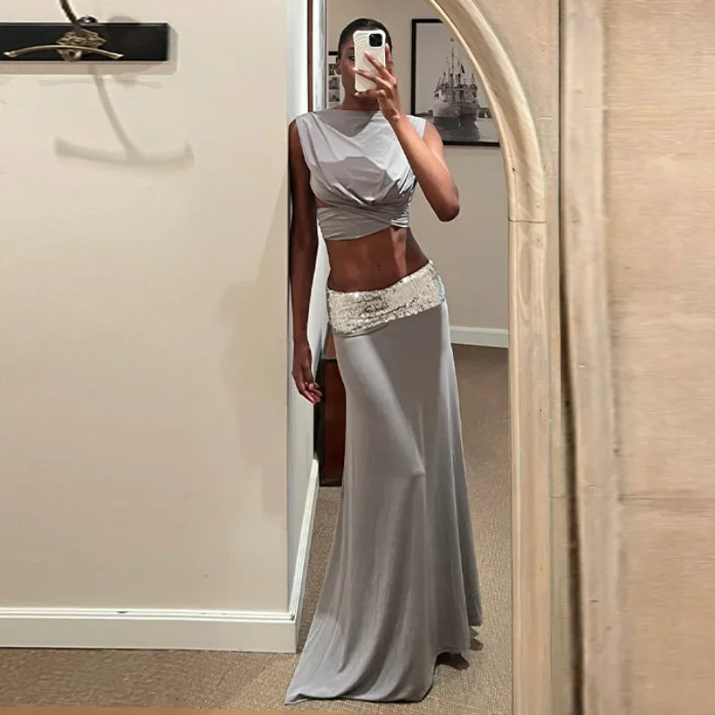 Obaska Stylish Sexy Backless Shiny Sleeveless O Neck Set