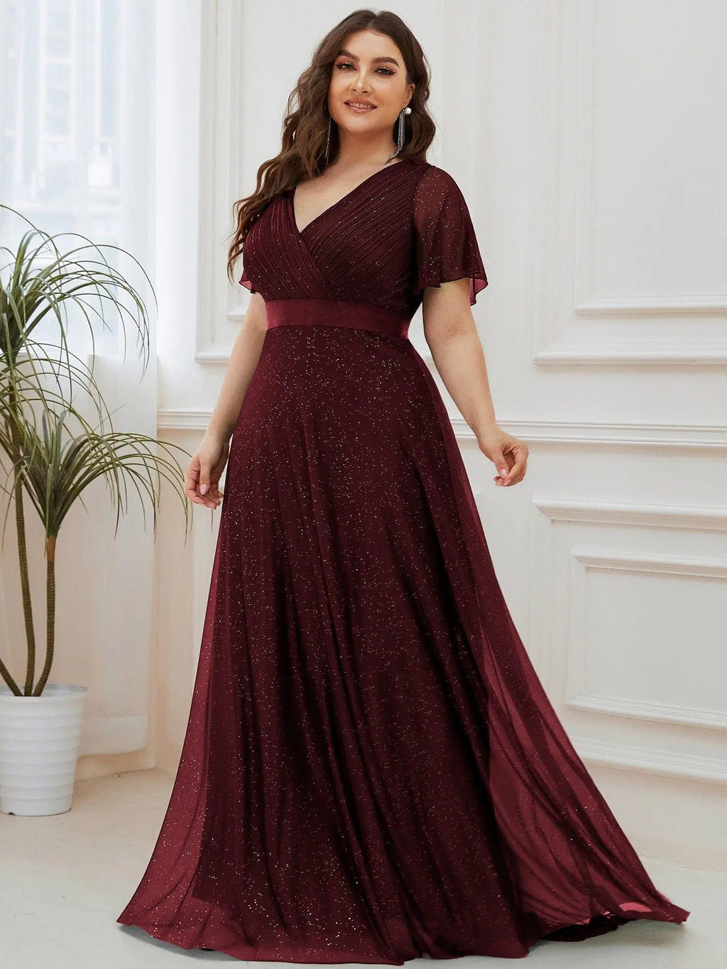 Gazcue Plus Size Chiffon Mother of the Bride Party Glitter V Neck A Line Dress