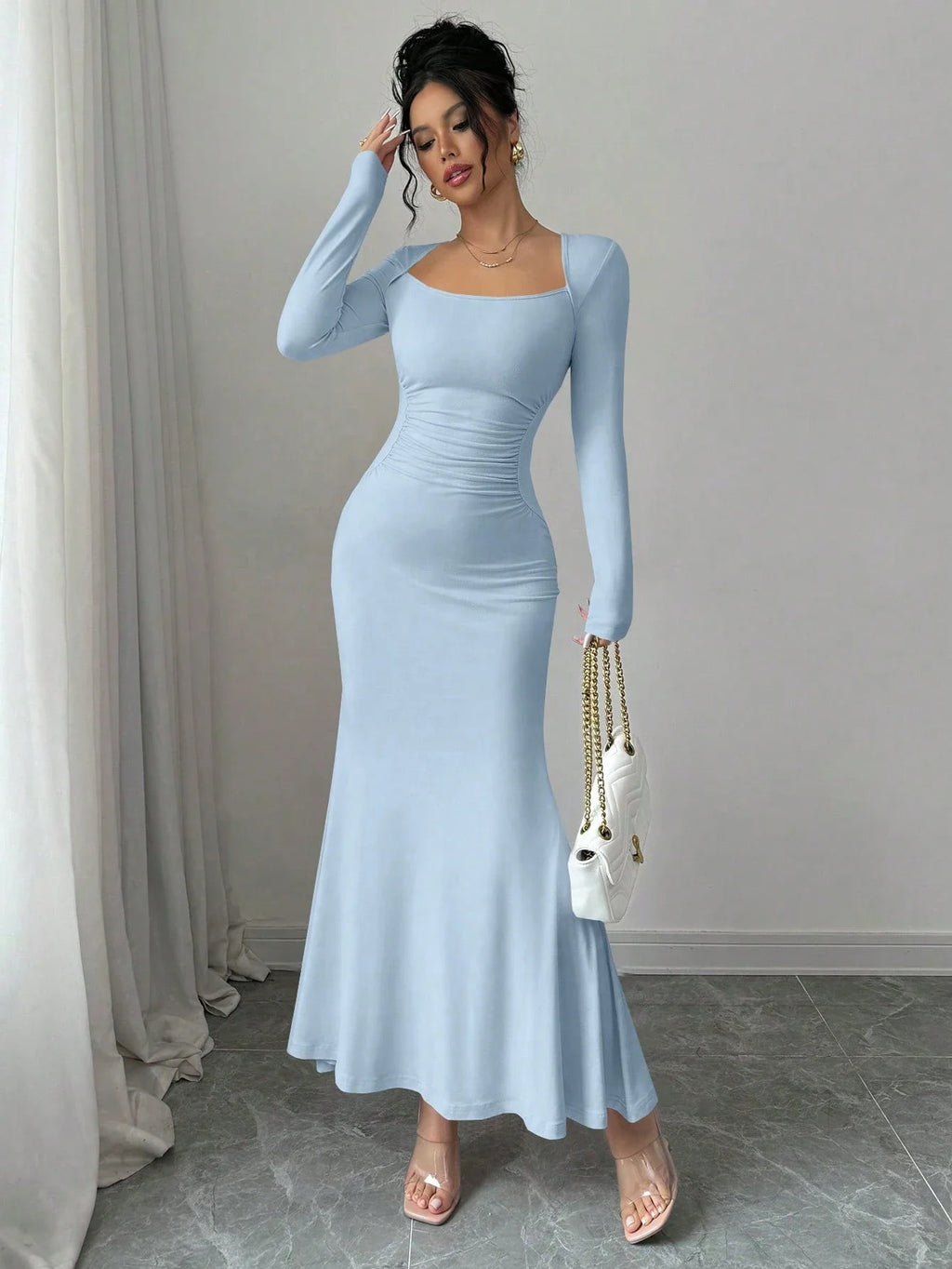 Nisao Four Seasons New Style Elegant Temperament Retro Solid Color Square Long Dress