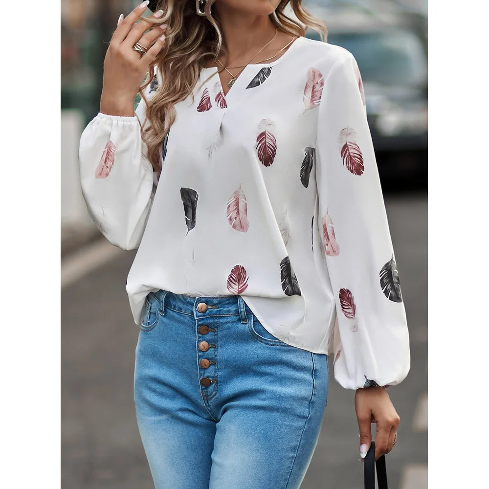 Jamesburg Casual T Shirt Fashion Feather Printed Long Sleeve V Neck Loose Blouses