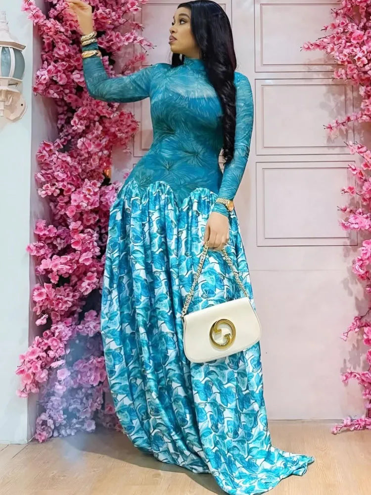 Passaic O Neck Fashion Long Sleeve Flower Printed Maxi Dress