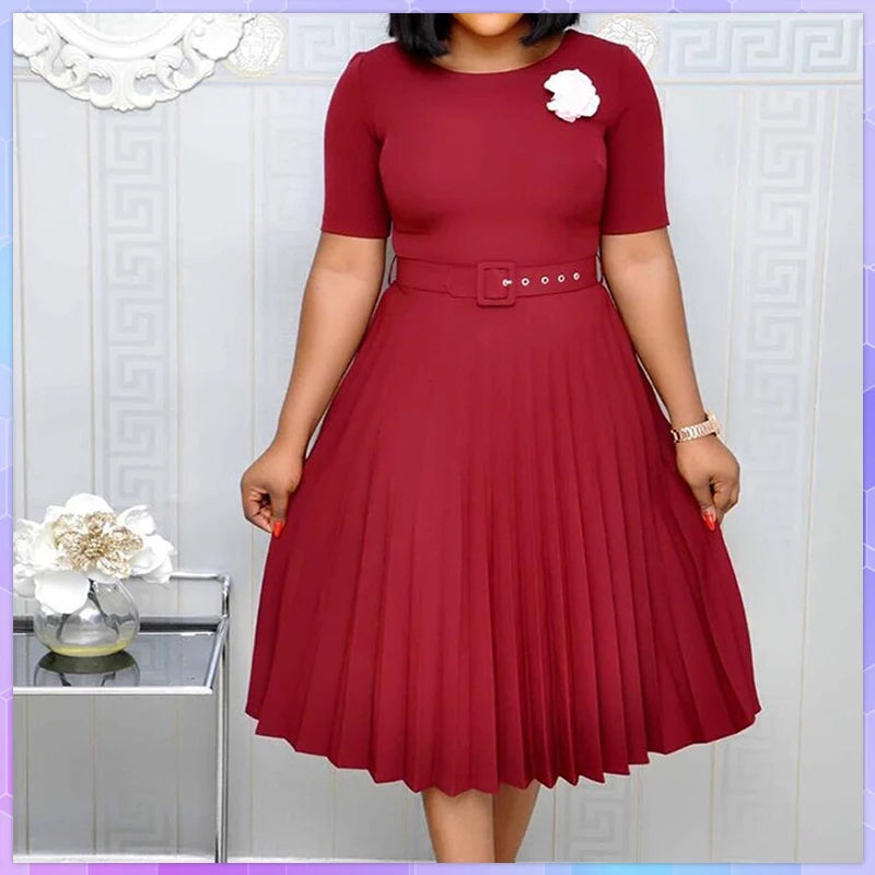 Cincinnati Plus Size Pleated Ladies O Neck Solid With Belt Mid-Calf Office Dress