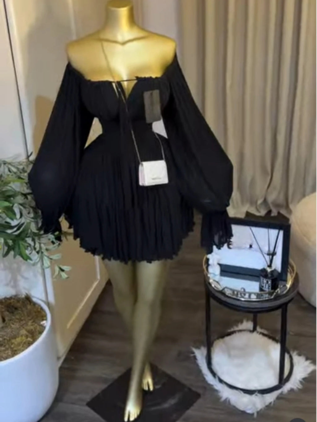 Saint Louis SL Flare Long Sleeve Strapless Halter Pleated Mini Dress