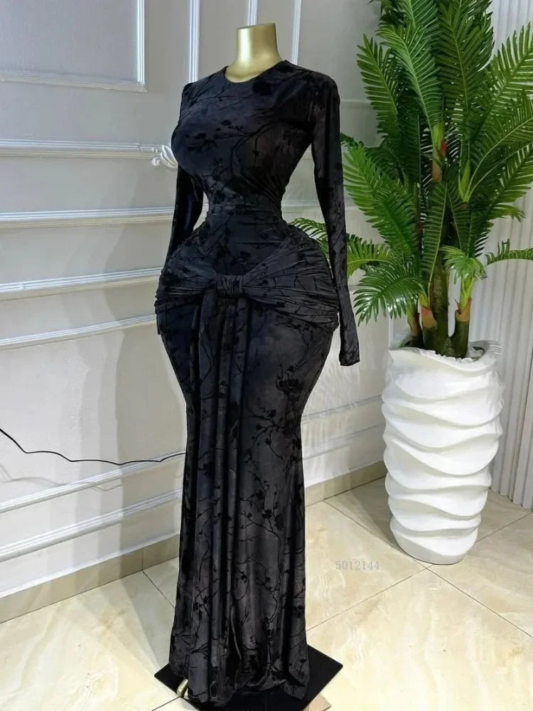 Beattystown Elegant Tie Dye Printed Skew Neck Flare Long Sleeve Ruched Maxi Dress