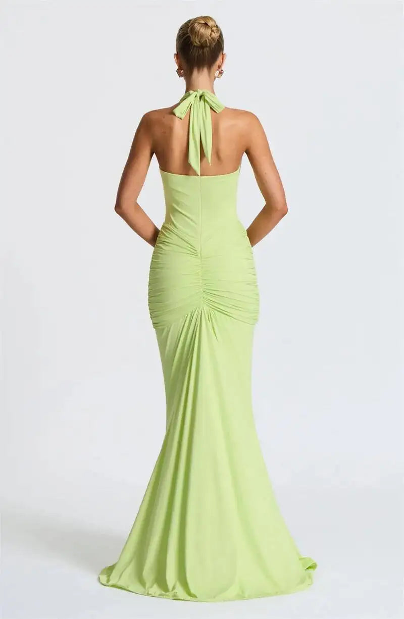 Deep V Neck Draped Ruched Sexy Halter Sleeveless Backless Club Party Long Dress