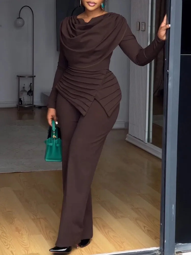 Birmingham Swing Collar Ruched Jumpsuit Long Sleeve Solid Elegant Color