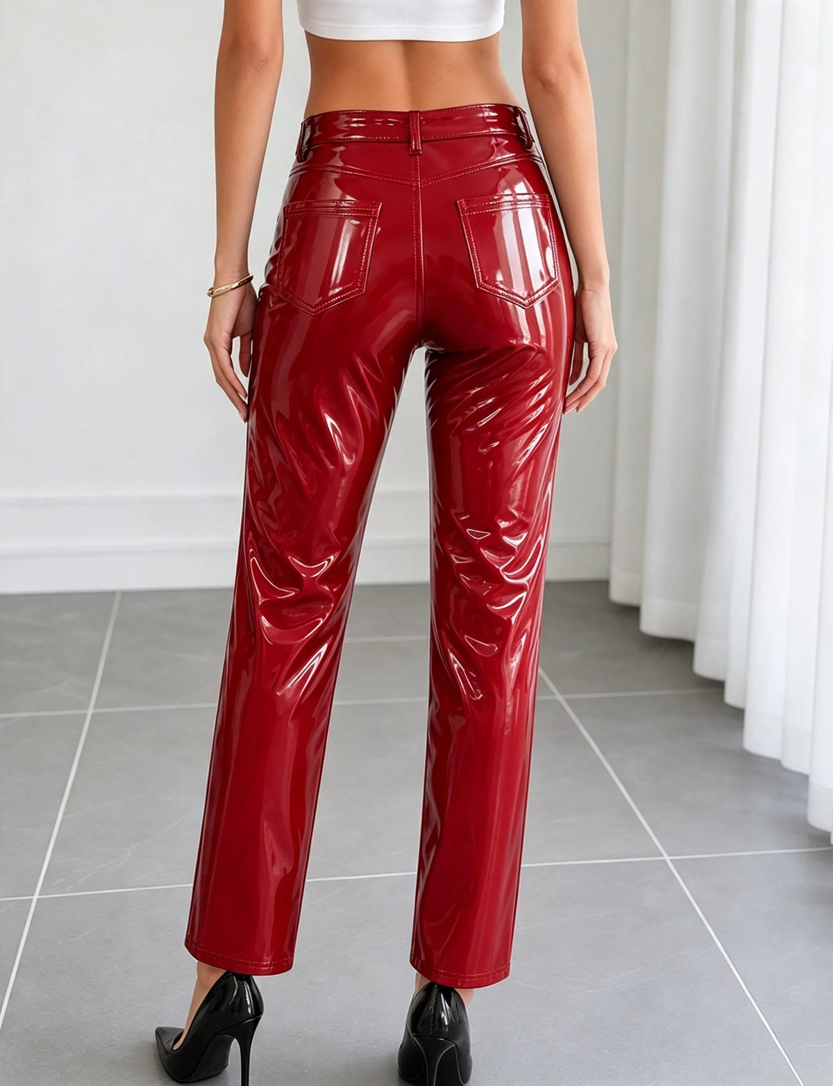Alabama High Waist Red Shiny Patent Faux Leather Pencil Slim Fit Full Length Pockets Pants