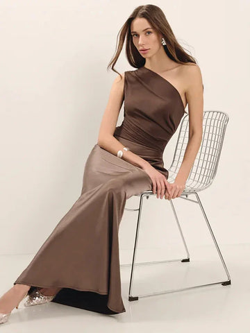 Roselle Satin Inclined Shoulder Sexy Fashion Patchwork Backless Bodycon Maxi Dress