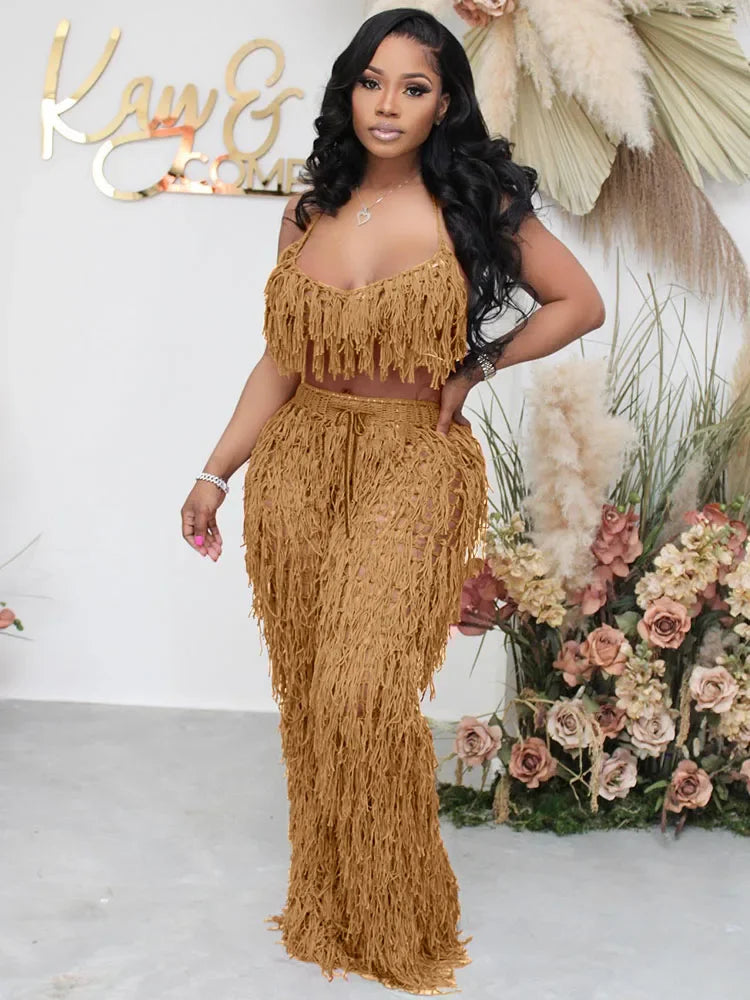 Emely Bodycon Outfit Tassel Two Piece Sets