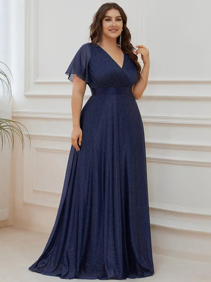 Gazcue Plus Size Chiffon Mother of the Bride Party Glitter V Neck A Line Dress