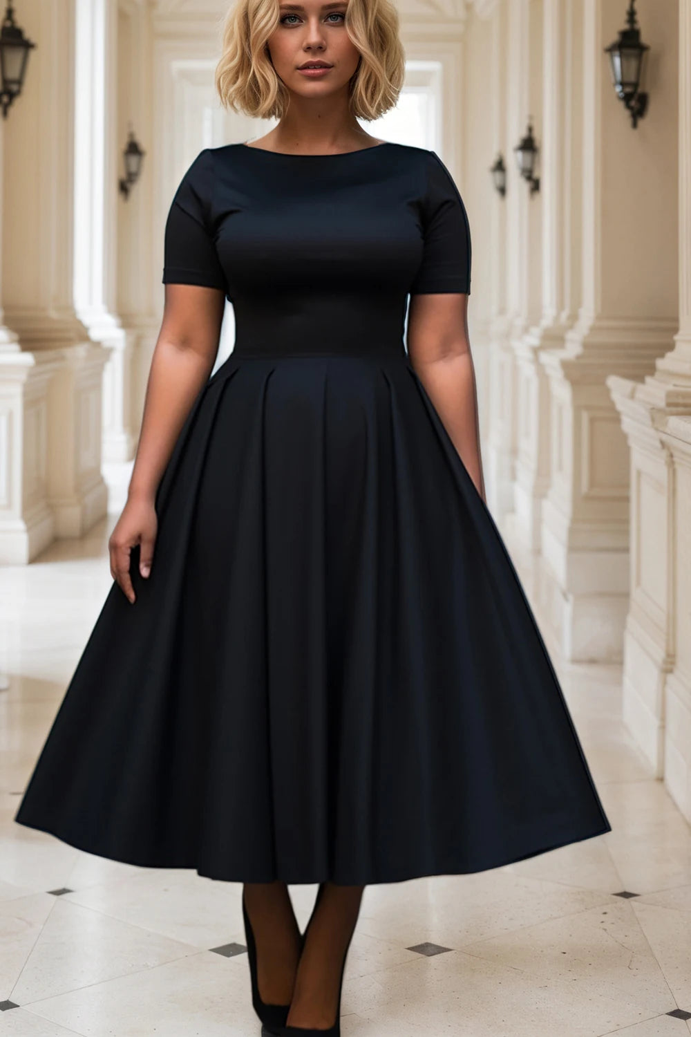 Maine Plus Size Casual Pleated A-Line Basic Round Neck Long Dress