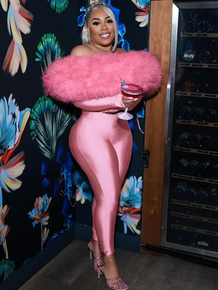 Branford Furry Slash Neck Hipster Patchwork Trend Sexy Hollow Stretch Jumpsuits