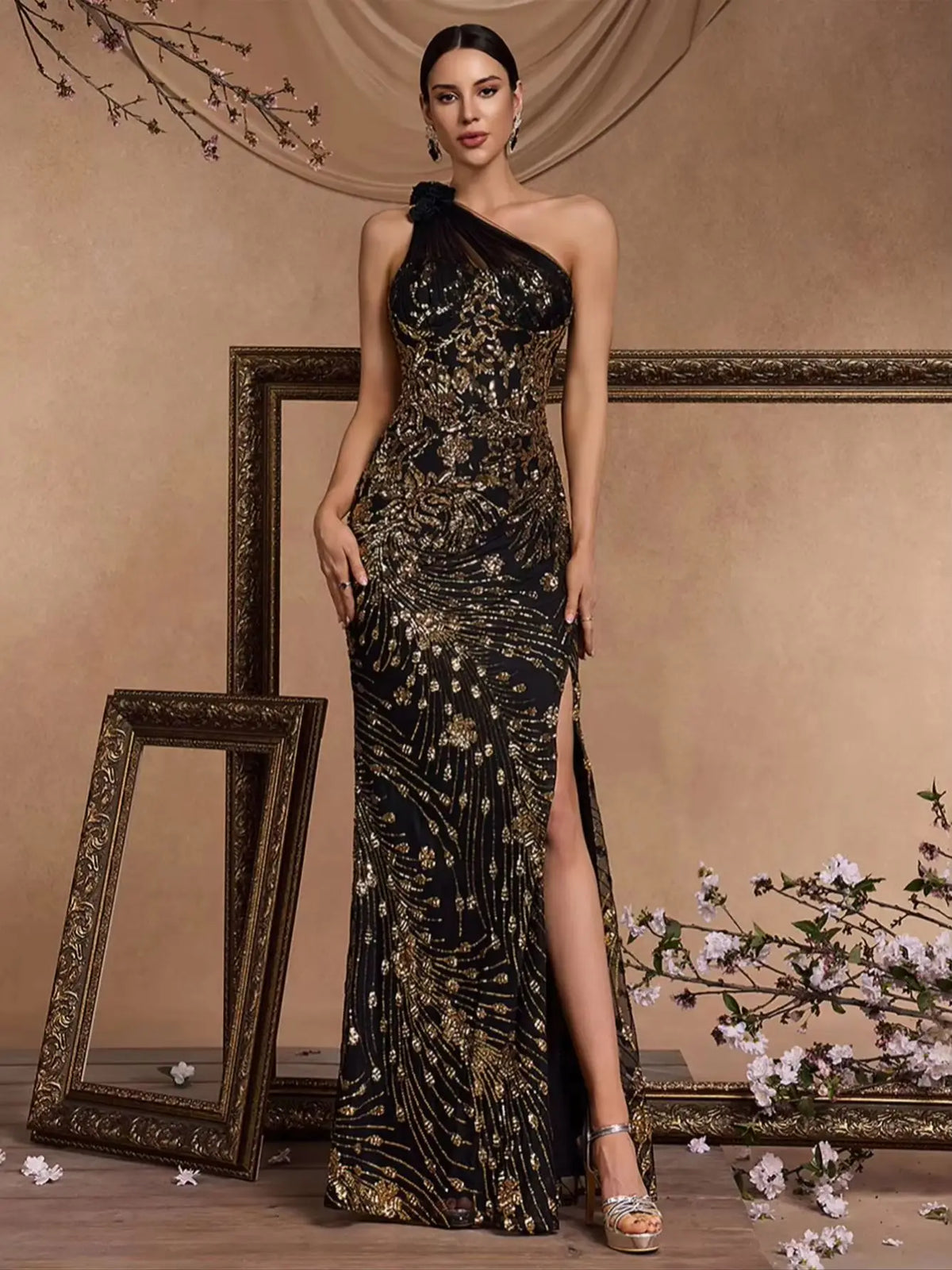 Moon Elegant Oblique shoulder Slit Evening Long Mermaid Formal Sequins Dress