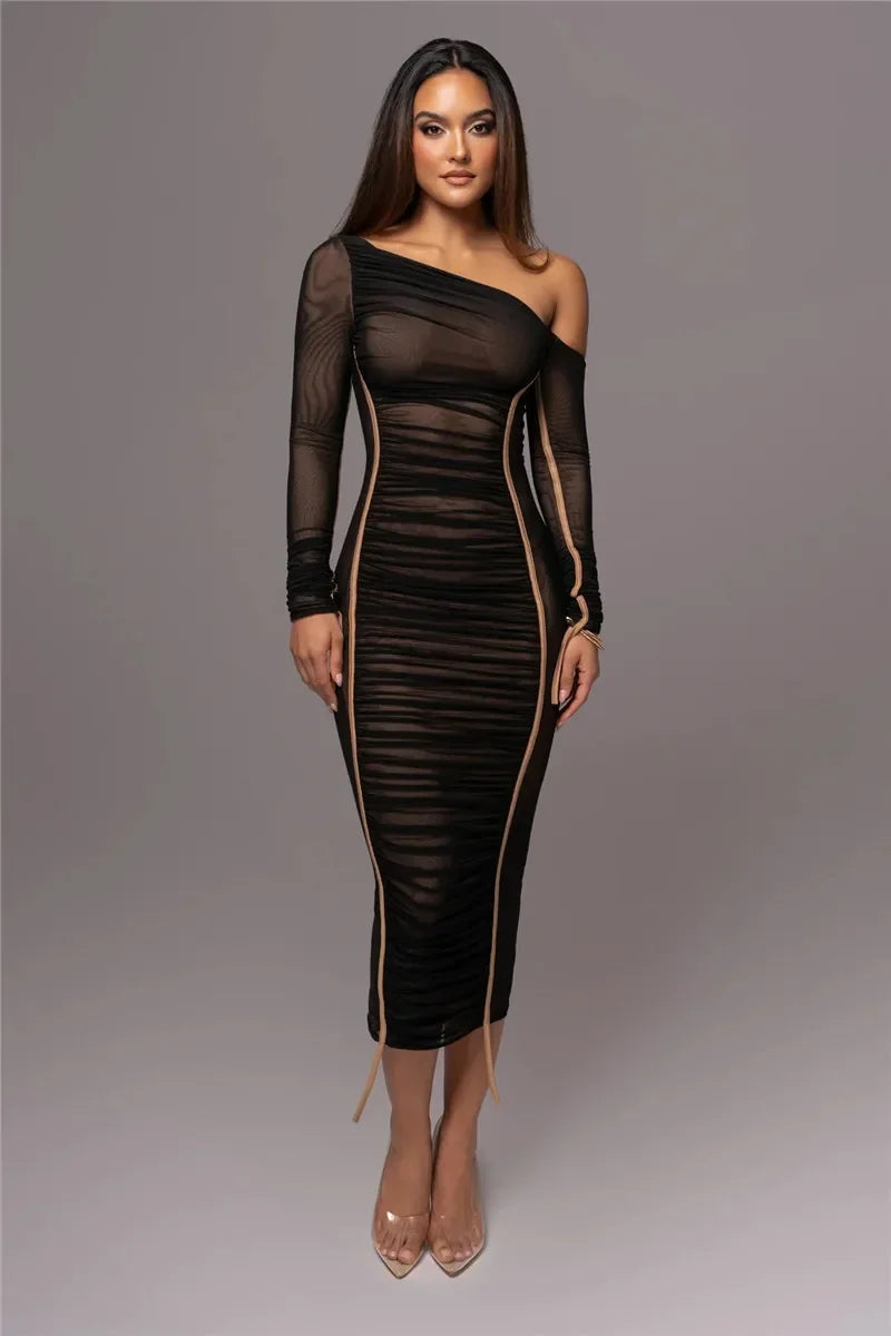 Dyker Heights Diagonal Collar Long Sleeve Mesh Backless Ruched Bodycon Midi Dress