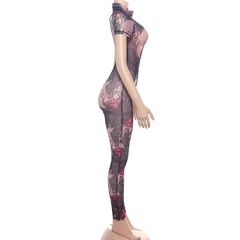 Auburn Hollow Out Playsuits Female Nightout Fashion Mesh Thin Sheer Jumpsuits
