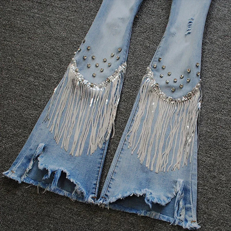 Linwood High Waist Nail Bead Studded Diamond Fringed Cropped Pants