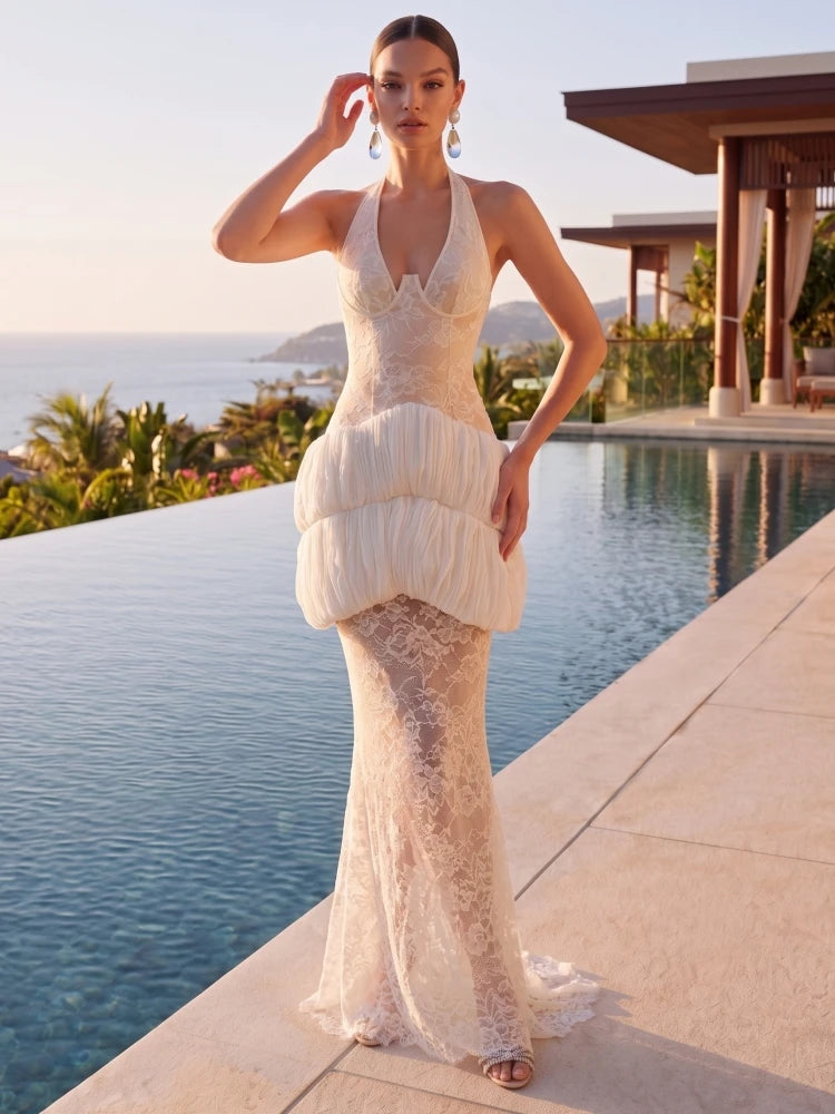 Cotui Sexy Halter Neck Lace Patchwrok Tiered Ruffles Long Backless Slim Dress
