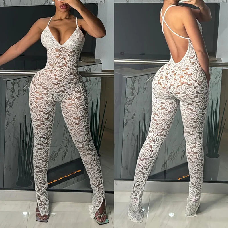 Brownsville Style Fashionable Sexy Deep V Suspender Backless Lace Tight Jumpsuit
