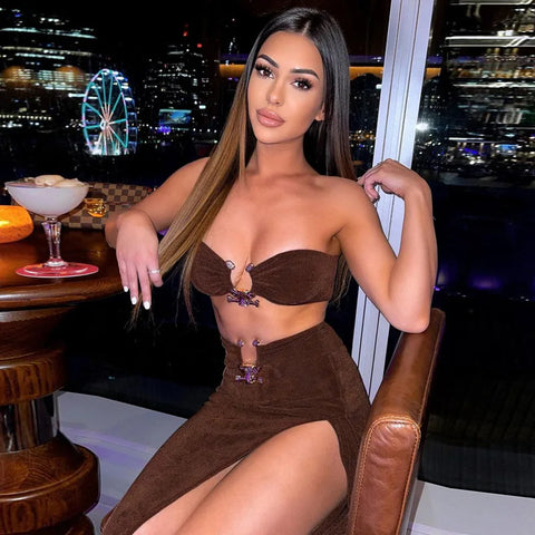 Nahomi Velvet Sexy Strapless High Waist Slit Two Piece Sets