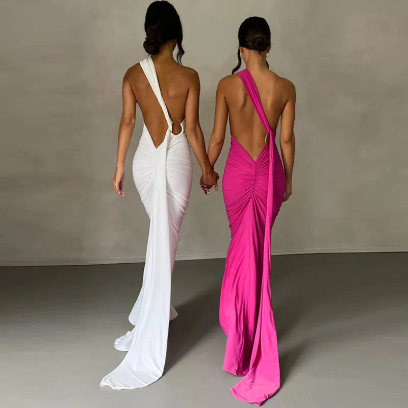 Jefferson One Shoulder Sleeveless Backless Ruched Bodycon Maxi Dress